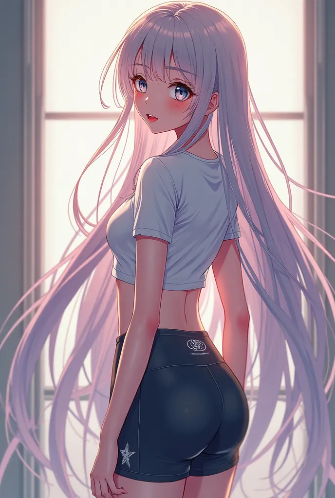 Can you make me a beautiful tall long hair anime girl wearing a short tshirts and wearing cycling shorts 