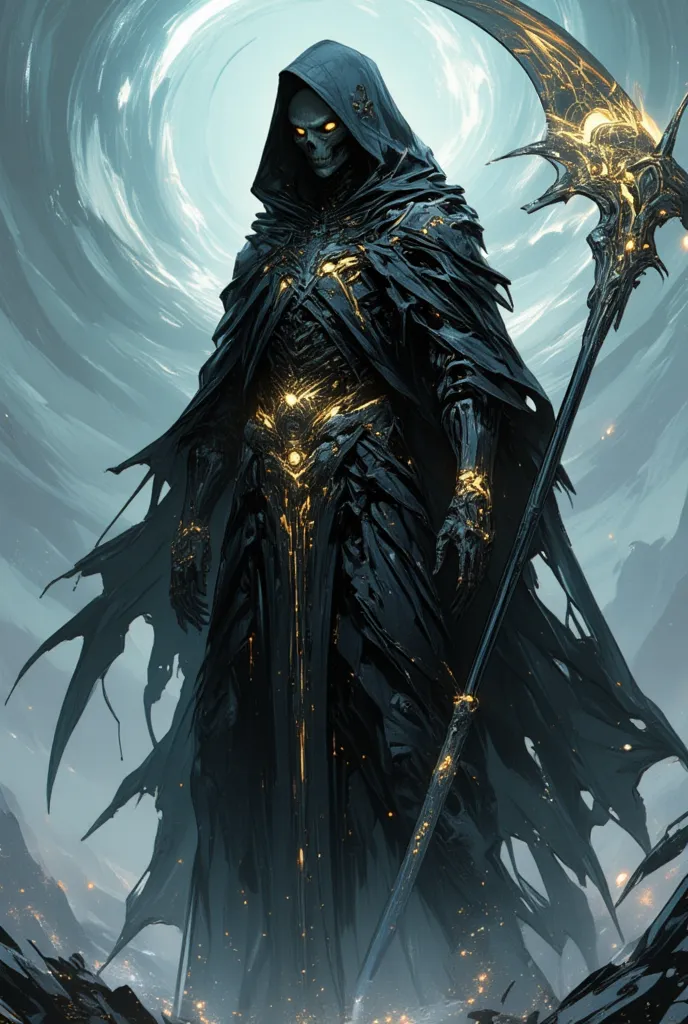 The death reaper,in awesome, technical outfit, a beautifully engraved  glowing scythe 