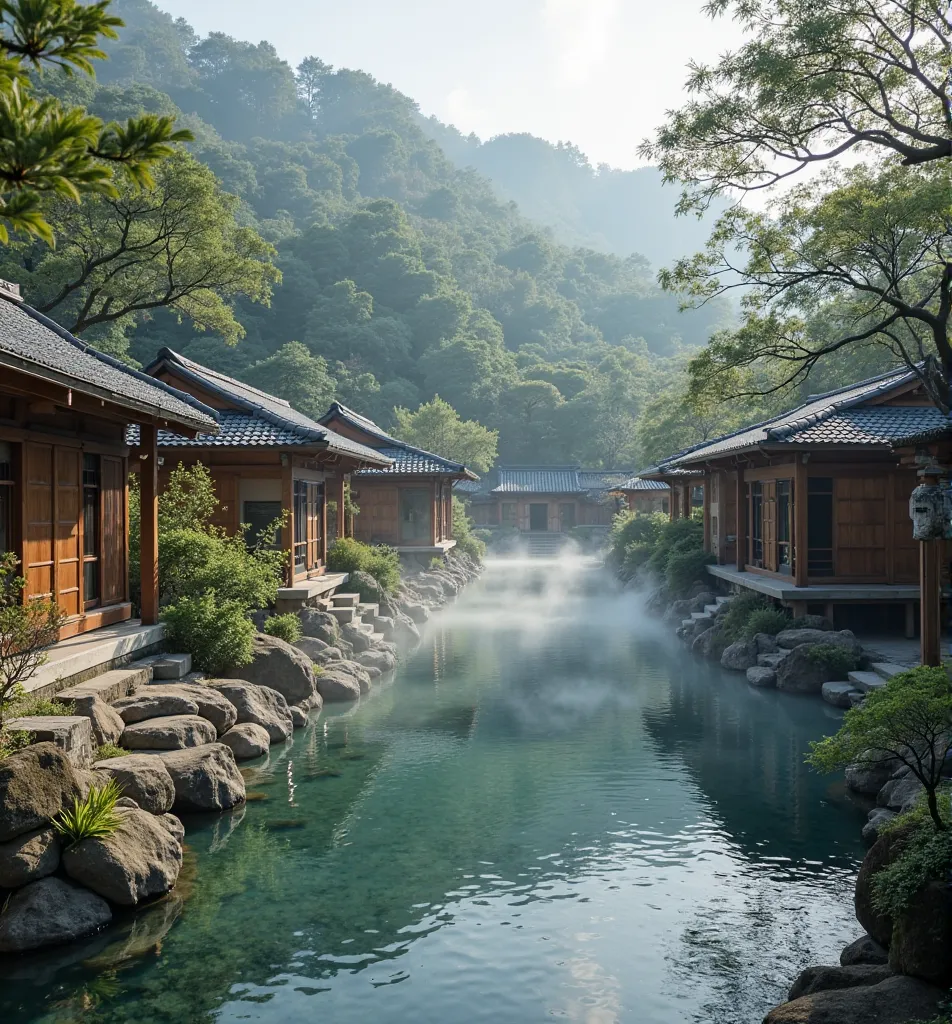 English Keywords: Japanese healing retreat, zen garden, hot spring therapy, wooden pavilions, sulfur mist, traditional bathhouse, bamboo forest, mountain sanctuary, meditation halls, herbal healing, open-air hot springs, tea ceremony, torii gates, tranquil...