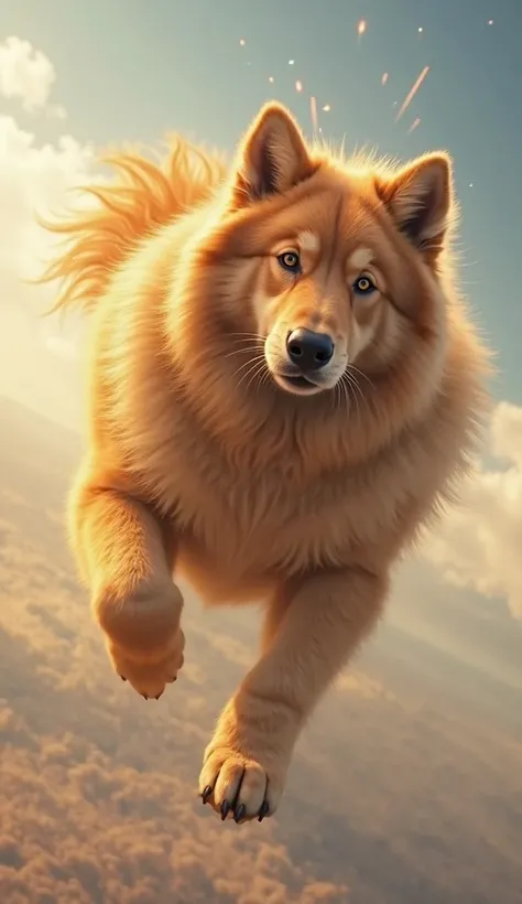 A fluffy golden-brown dog with soft and wavy fur have super power which is he can fly and fire a laser in his eyes