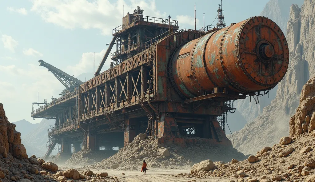 “A towering, abandoned mining machine, half-buried in the ground, rusted metal and broken conveyor belts, surrounded by rocky terrain, post-industrial decay”