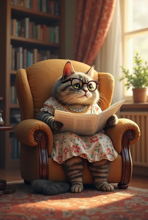 Grandma cat in a dress sits in a large chair, reads a newspaper and watches TV