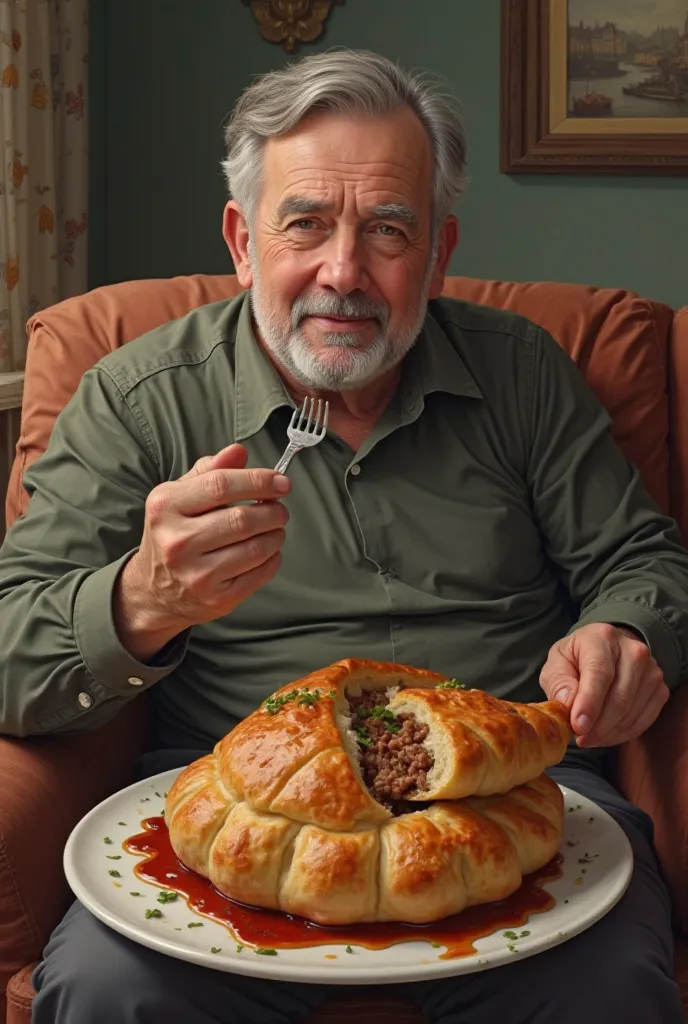 realistic man sitting on the couch with a big cheburek in his plate, not very thick realism