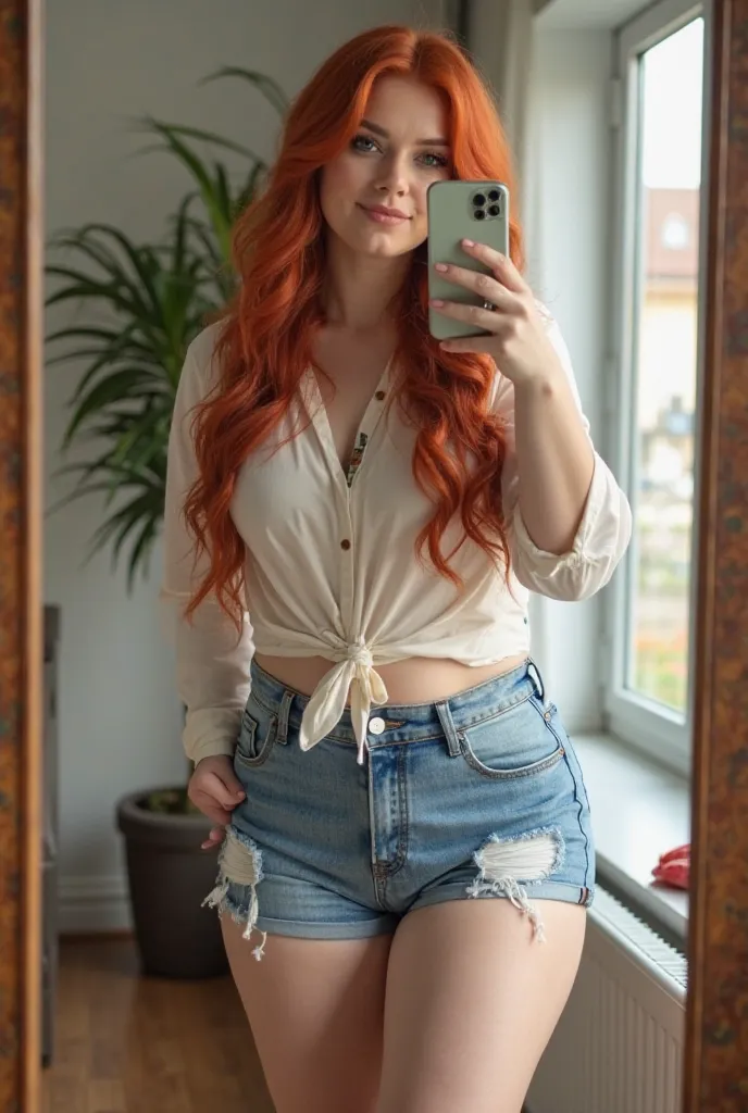 “A red-haired woman with a curvy body taking a photo in front of the mirror with her smartphone. She wears tight denim shorts and a casual blouse,  highlighting her curves .  Her long red hair falls softly over her shoulders ,  and she has a confident expr...