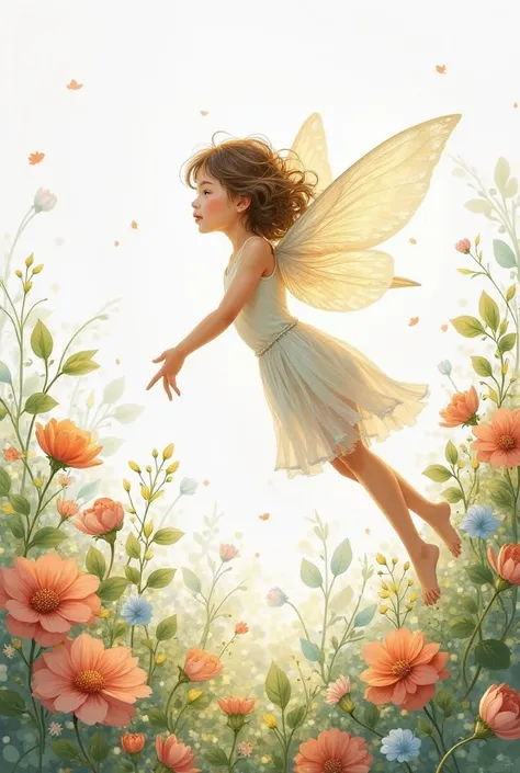 illustrated innocent Caucasian fairy flying among flowers on white background
