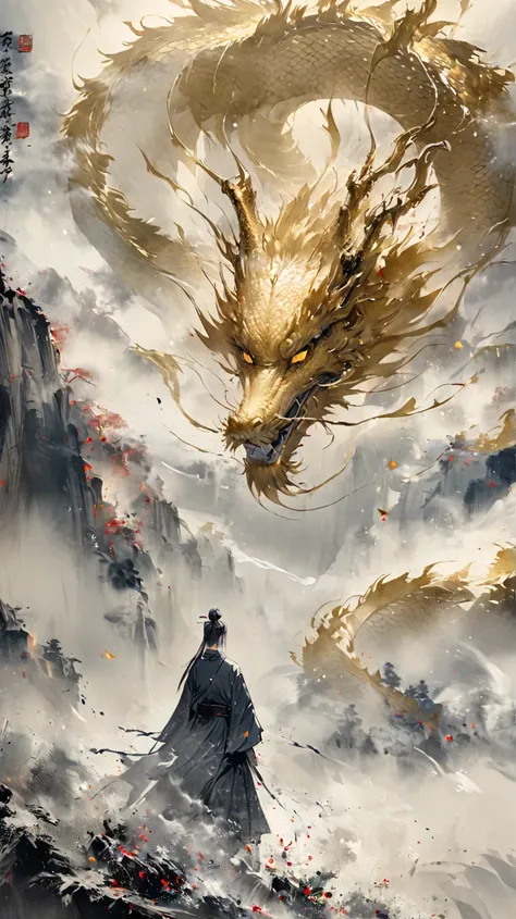  Chinese warrior in flowing traditional robes standing before a massive golden dragon. The dragon, painted in dynamic brushstrokes, emerges from swirling ink clouds, its fierce eyes glowing with intensity. The composition is dramatic, with the warrior stan...