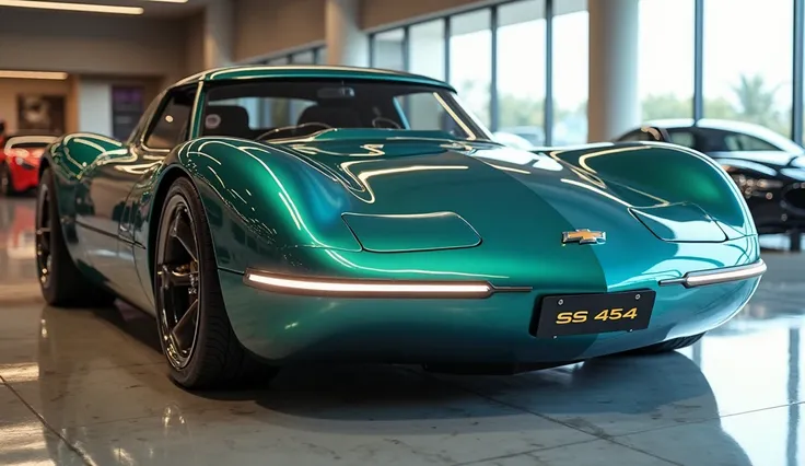 "A realistic, high-quality image of a modern sports car seen from the front right side, resembling a 1954 concept Chevy Nova SS 454. The car is  metallic teal with glossy paint and a sleek, aerodynamic design., and a wide, continuous LED headlight strip. T...