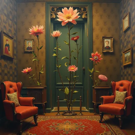 surreal and abstract painting of a mysterious ancient art deco room with different mechanical flowers made of old steampunk machinery, the room is empty and the walls have brown patterned tapestry, classic art, dreamy, surreal, photorealistic, magical, eso...