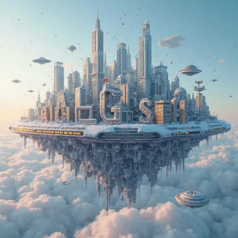 logo design. The word "ALQI SATQI " written in giant, metal, 3D letters merges with a high-tech city floating above the clouds in the sky. There are also UFO spaceships. There are many UFO spaceships. "BUY AND SELL" is written in all capital letters.