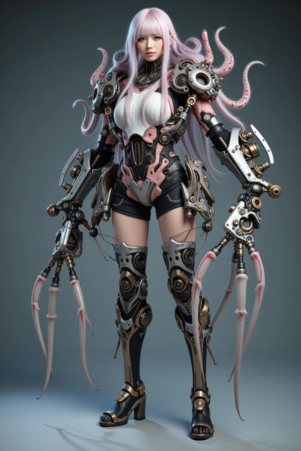 Masterpiece, top quality, 8k, Japanese woman in heavy armed jellyfish-like animal bio suit, A machine is implanted in the living body, inverted jointed leg, clear color and vivid textures, ultimate realistic beautiful female face, bio-mechanical, ultimate ...