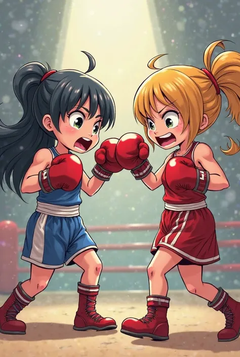 Animation. From below. Two chibi female boxers. One angry boxer lands a huge punch and sends the other flying. Overacted. Comical. Gag. Surreal. Detailed boxing gloves. Perfect boxer uniform. Realistic. Pop background.