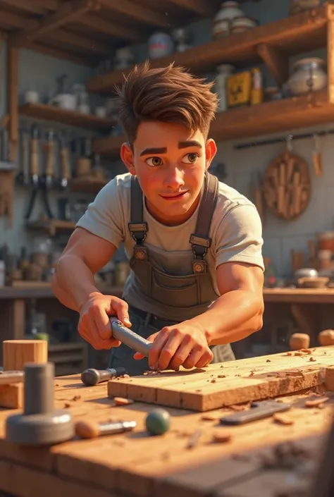 A full body picture of a carpenter with no beard and no mustach animated