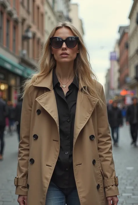 A street-style fashion shoot in an urban setting, model wearing oversized sunglasses and a trench coat, walking confidently through a bustling city street. Shot with a 35mm prime lens (f/1.8) for a candid feel. Cinematic 16:9 framing."