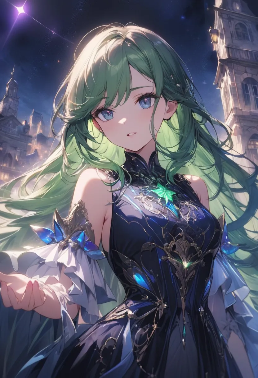 A young girl, a god who governs time. She stands at about 150 centimeters tall, with long emerald green hair that flows in the wind and bright blue eyes that gleam coldly. with the corners of her lips slightly raised but without showing her teeth, giving h...