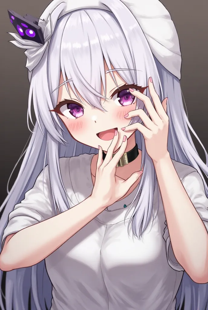 ,1 female, cover your face with your own hands,(((  Yandere,  Yandere trance))),mind-shaped pupils,nail,(white hair,purple eyes),( blush:1.1),Black Choker,mind, medium chest, ( rough breathing:1.1), mind,  white dress ,  headgear , portrait, looking at vie...