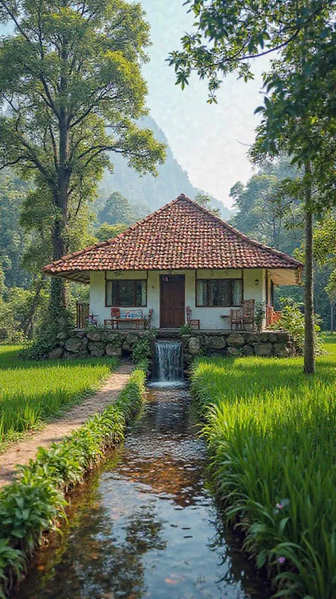 Rural photo of the village of arat indonesia,house typical of the village of 1980,there is a waterfall,red tile roof,paint the house white color,there is a bamboo fence in front of the house, there is a walkway ,clean and green atmosphere, big tree,ricefie...