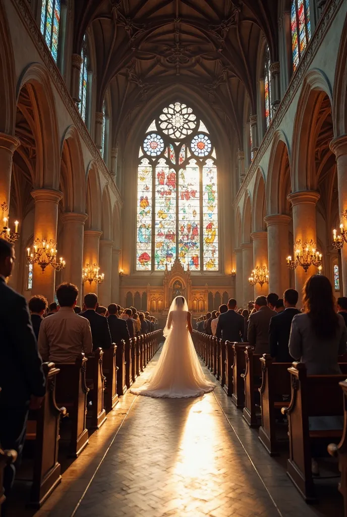 A grand wedding ceremony inside a historic cathedral, the bride walking down the aisle, intricate stained glass windows casting colorful light patterns. Shot with a 24mm wide-angle lens (f/2.8) for full scene coverage. 16:9 frame."