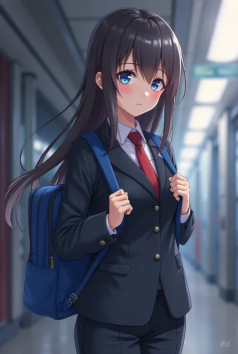 anime girl in a suit with a blue backpack, anime moe artstyle, jk uniform, marin kitagawa fanart, azur lane style, magic school uniform, noire moody scene, nagatoro, anime style like fate/stay night, iwakura lain, anime visual of a cute girl, kantai collec...