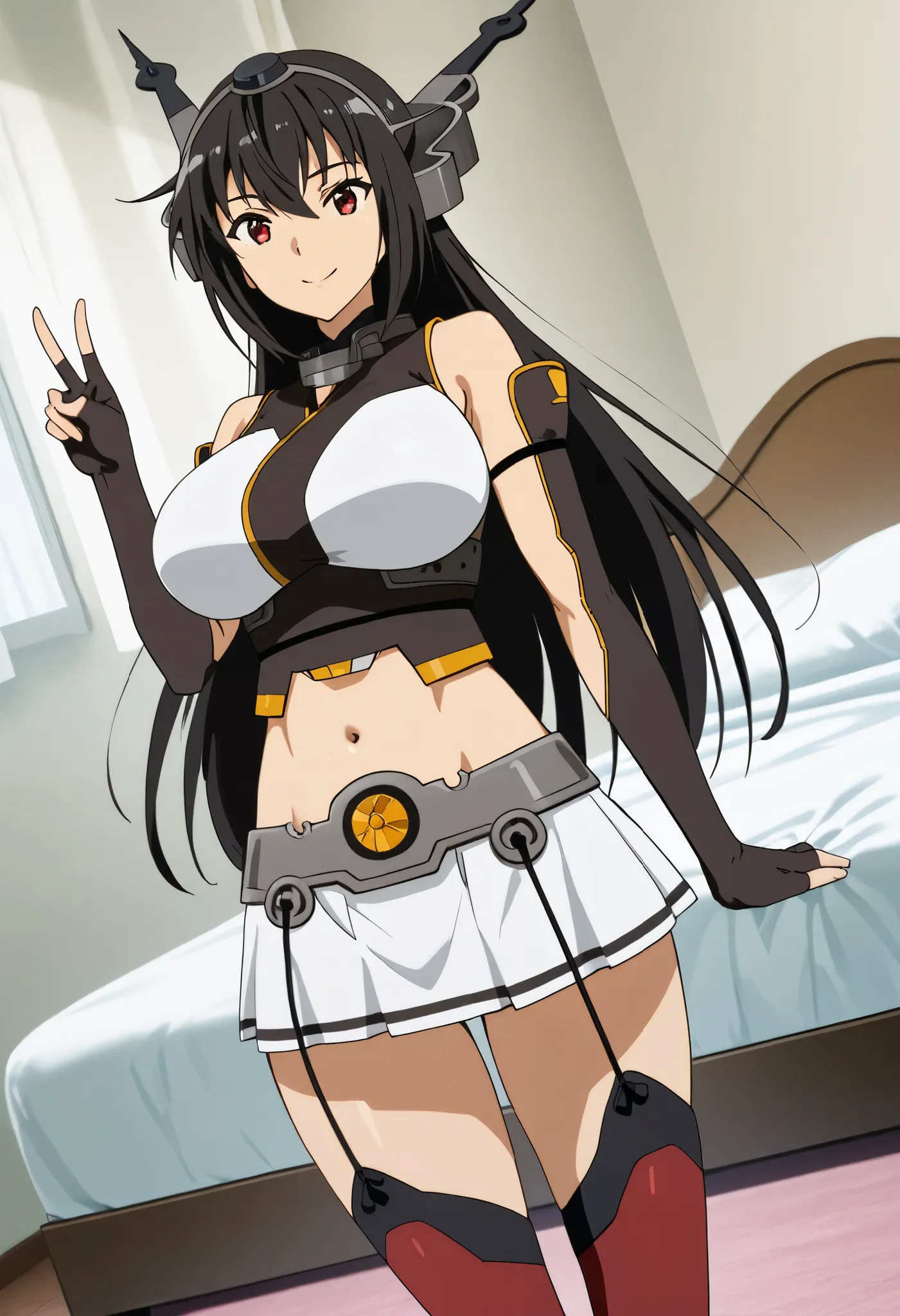  score_9,  score_8_ up,  score_7_ up,   source_anime, Nagato,   long hair,    black hair,  red eyes, Nagato ( fleet this ),  Big Breasts,pubic hair,   skirt ,  thigh length socks,  gloves, belly button,  shoulder out,  headband,   Sleeveless ,   headgear  ...