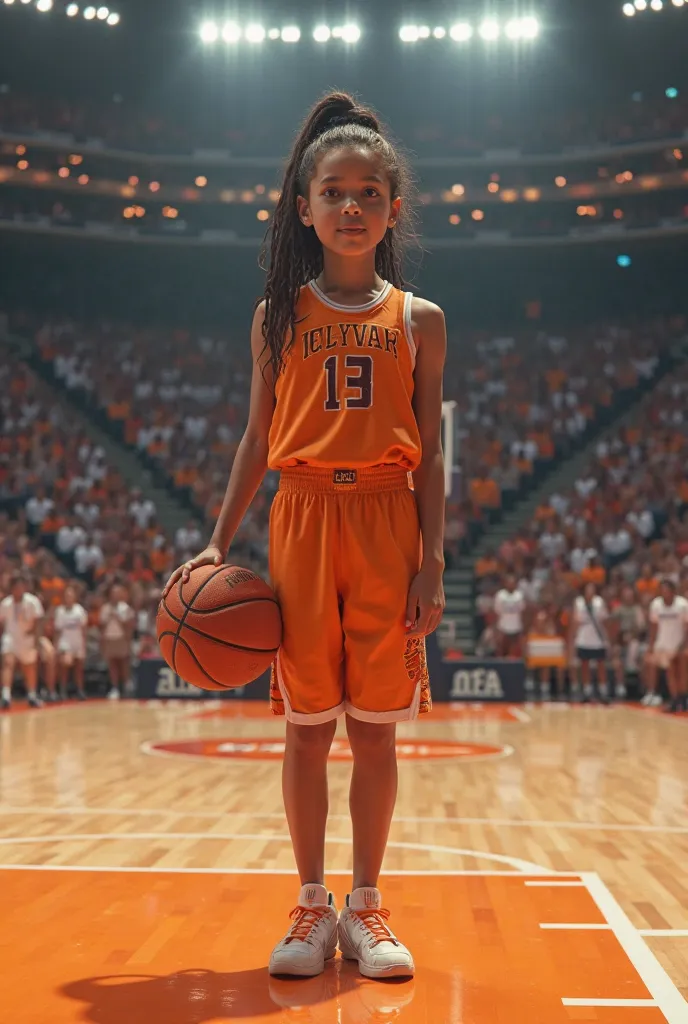 A princess girl playing basketball in an orange uniform on the NBA court. His eyes are looking forward with an athletic attitude