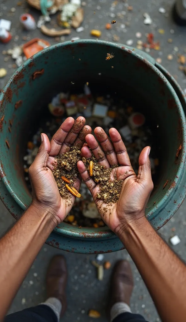 A hyper-realistic first-person point of view (POV) scene of a homeless person rummaging through a trash can in the streets of São Paulo in search of food. The focus is on both hands digging through the garbage, showcasing dirty fingers reaching for scraps ...