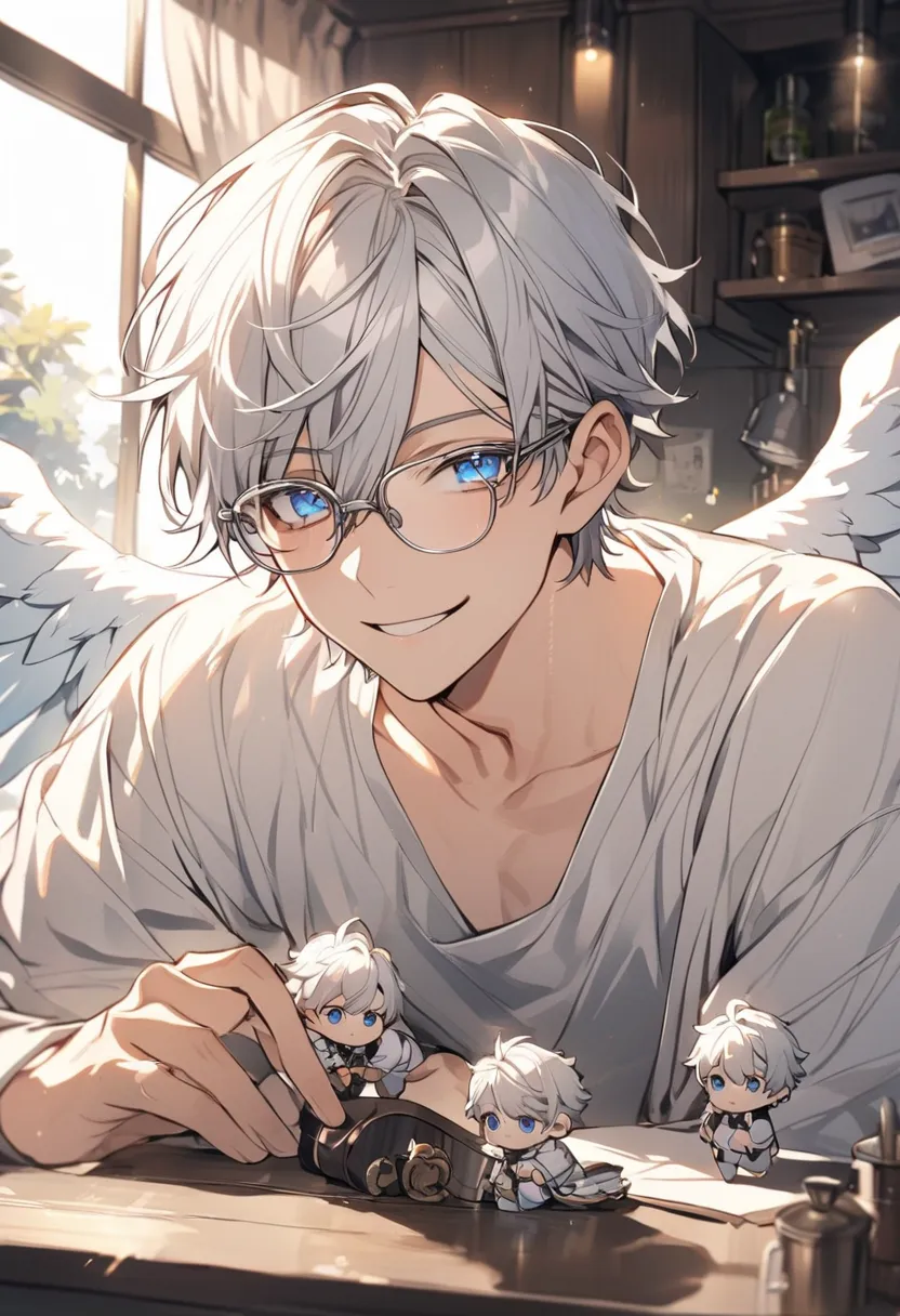 Alone，Short Hair， Silver Hair， male， blue eyes， handsome，morning,Silver glasses,Angel,smile,MINI-CHARACTERS