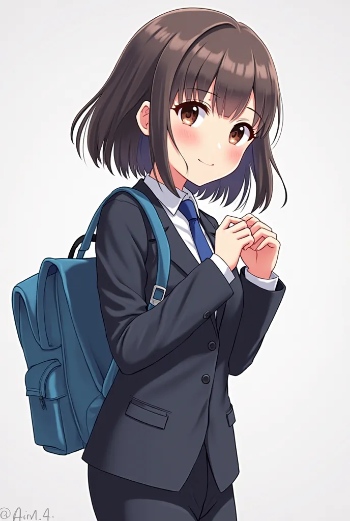 anime girl in a suit with a blue backpack, an anime drawing by Jin Homura, pixiv, sots art, anime moe artstyle, jk uniform, marin kitagawa fanart, azur lane style, magic school uniform, noire moody scene, anime style like fate/stay night, nagatoro, iwakura...