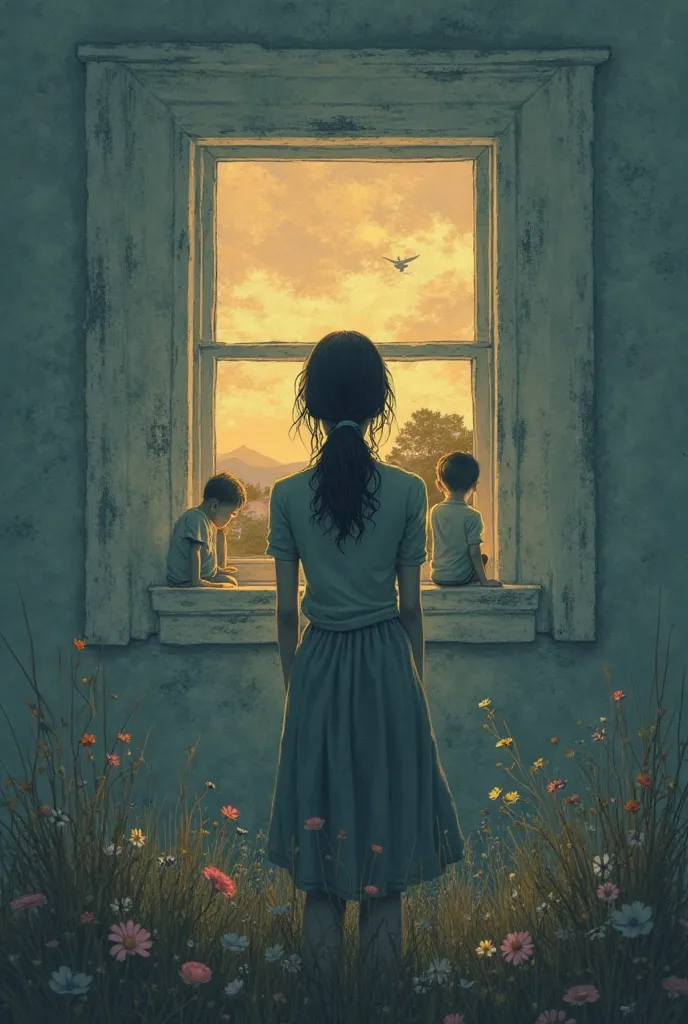 The cover of the Prime Book Design. A mother who is standing alone or looking at a house far away where two boys are waiting from the window of the house. This image can evoke feelings of separation, sadness, and powerlessness 