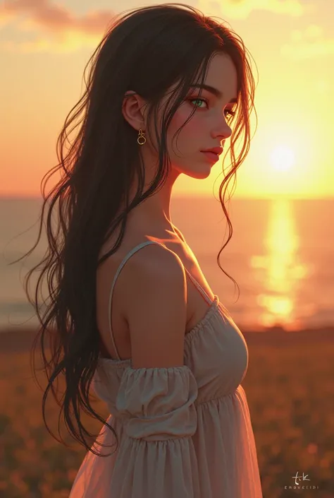 BPUNETKA is a long-haired girl with green eyes and medium breasts STANDING SIDEWAYS at sunset