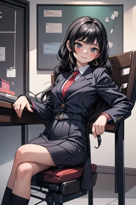 (masterpiece,  Highest quality ),  1 girl, alone, 1 girl sitting  ,  beautiful face,   black hair,  , suit、tight skirt with juniors、  complicated details,   Sit on a chair、  users who are heartbroken、 Receptionist Girl 、Calm expression、smiles、office lady、 ...