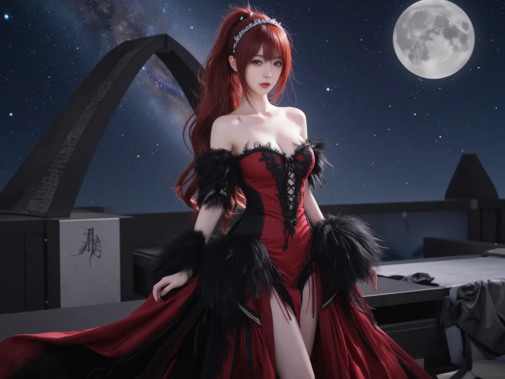 (Megurine Luka1.2), (skinny woman:1.5), One Woman, break, (Enormous bust:2.0), break, (cleavage:2.0), A full-height, flowing ruby red hair, (Dark Red gothic wedding dress:2.0), high slits that accentuate her curves, eductive, confident eyes, provocative po...