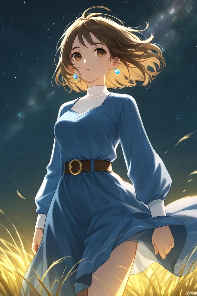 (walking in the wind), Strong wind, Glowing spores blown by the wind, Wind of light ,Hair fluttering in the wind, skirt fluttering in the wind, Hands holding down skirt, hands holding down hair, ,1girl,brown hair,medium hair,brown eyes, breasts,earrings,bl...