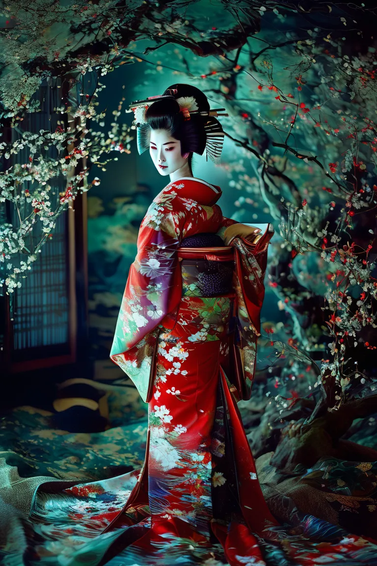 Create an image with a cold, shadowy night atmosphere, a soft mist enveloping the scene, and faint moonlight filtering through old, swaying trees. A female geisha ghost stands in the center, wearing a tattered, deep red kimono that flutters raggedly, her l...