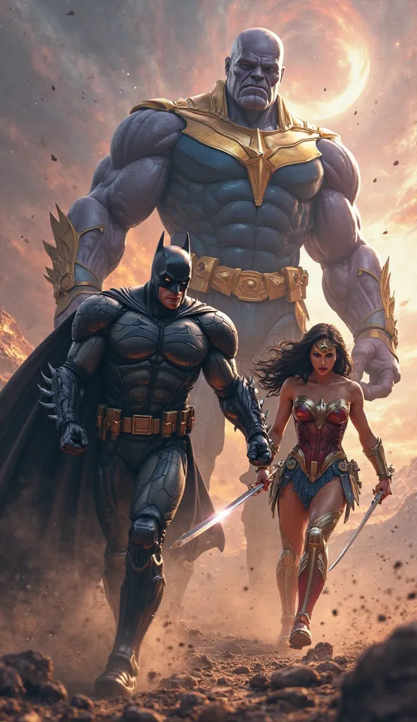 Prompt: Batman in an armored suit and Wonder Woman wielding her sword, rushing towards Thanos, determination in their eyes.