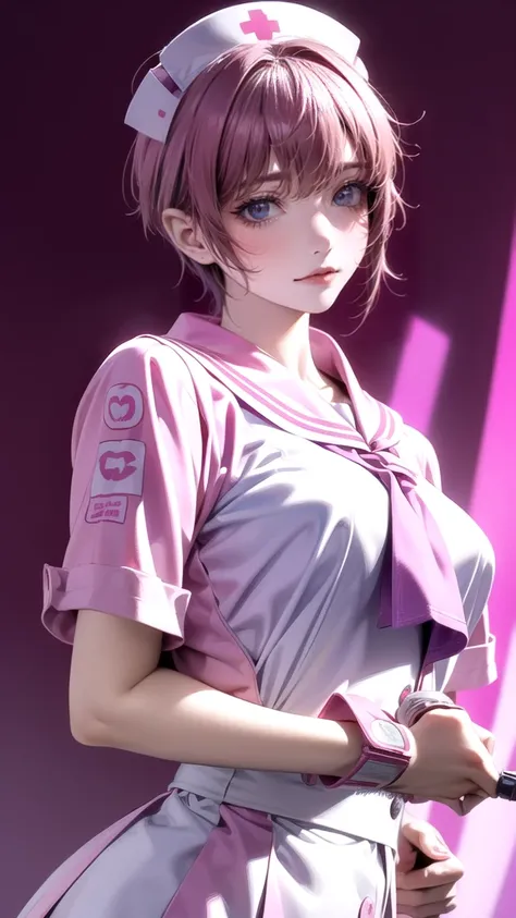 A cute pink nurse with purple eyes holding an electric syringe, in the style of anime, kawaii, pink background, pink and white uniform, cartoon elements, colorful, K-pop art, cyberpunk, kawaii elements, anime drawing, full-body portrait, high resolution, h...