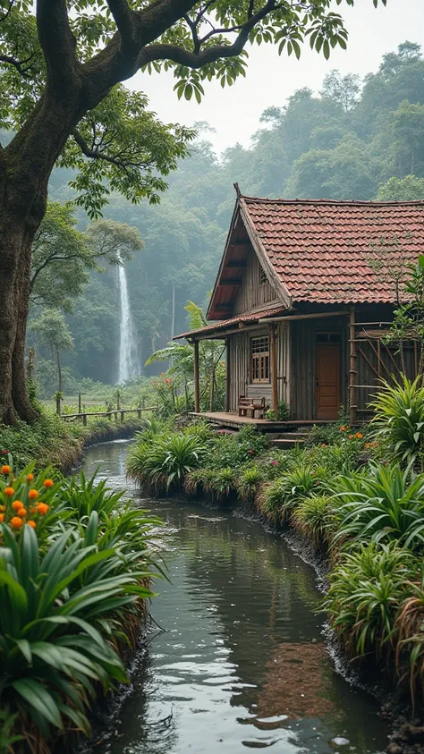 Photo of rural Jawabarat indonesia,house typical of the village of 1980,there is a high waterfall,red tile roof,paint the house white color,there is a bamboo fence in front of the house, there is a walkway ,clean and green atmosphere, big tree,ricefield,Ma...