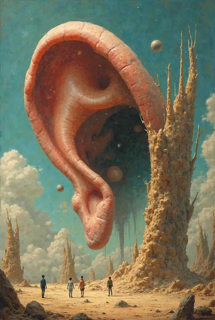 listener, a person with a huge ear, listeners are standing in front of the ear, in Dali style