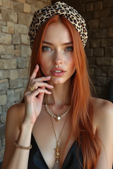 Main subject: A breathtaking, ultra-realistic Slavic woman with long, sleek, fiery red hair cascading over her shoulders. Her piercing blue eyes, sculpted cheekbones, and full lips exude confidence and luxury. Her flawless, sun-kissed skin has a soft glow,...