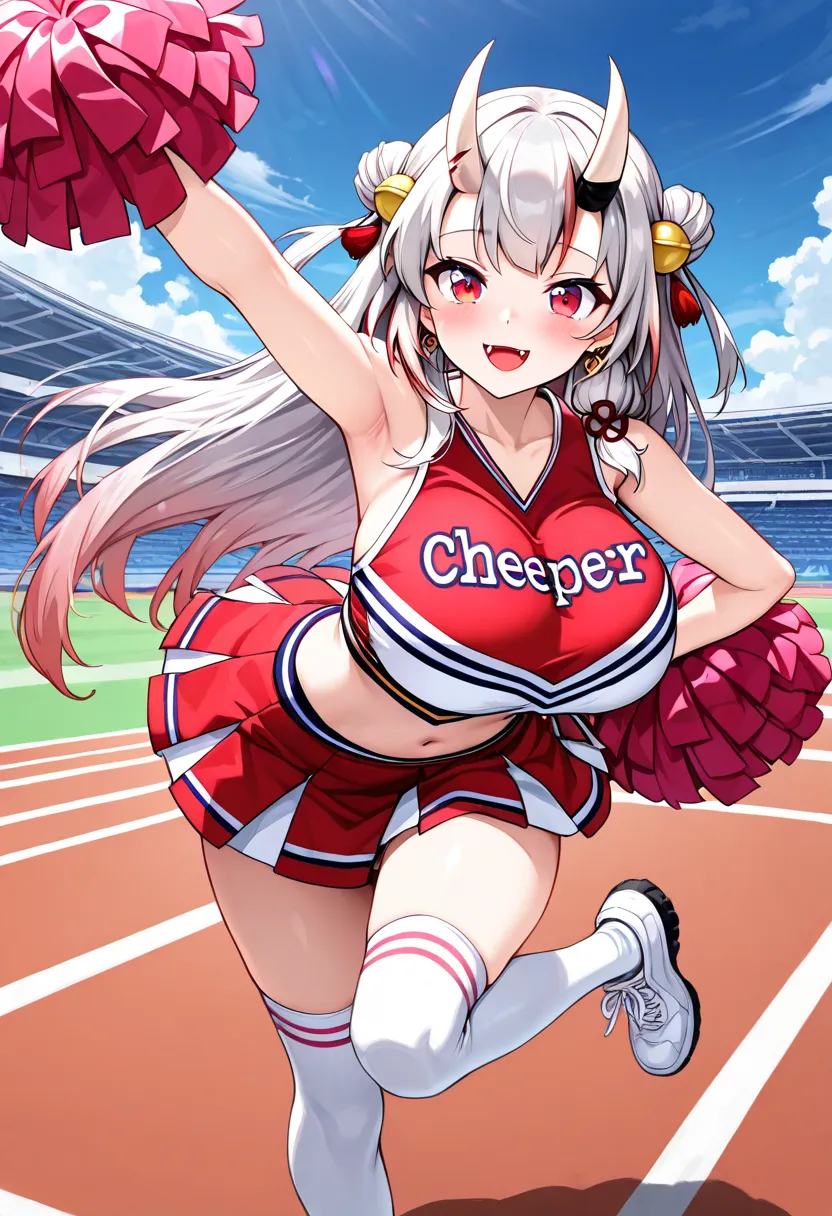 (Highest quality , 8k , masterpiece , incredibly absurdres , perfect body , super detailed skin , highly detailed eyes and face , 1 woman ) ,  nakiri ayame , Silver Hair , red eyes , demon horn , smile ,  will be happy , (  cheerleader costume , thigh-high...