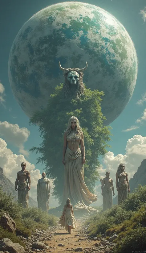 "A colossal sky deity, Uranus, looms over a lush, fertile Earth goddess, Gaia. From the ground, massive Titan figures rise, their bodies resembling elements like stone, fire, and wind. The scene is dramatic and grand in scale."