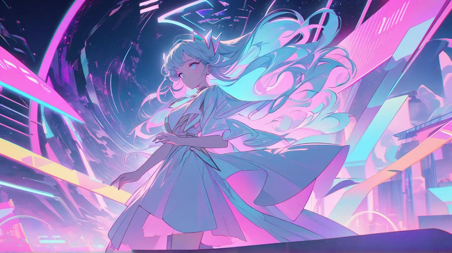 An anime-style character floating in a dreamy futuristic digital landscape. The scene is bathed in soft pastel hues and glowing neon lights, with swirling synthwave visuals in the background. The title "Dreamwave Odyssey" is prominently displayed in a bold...