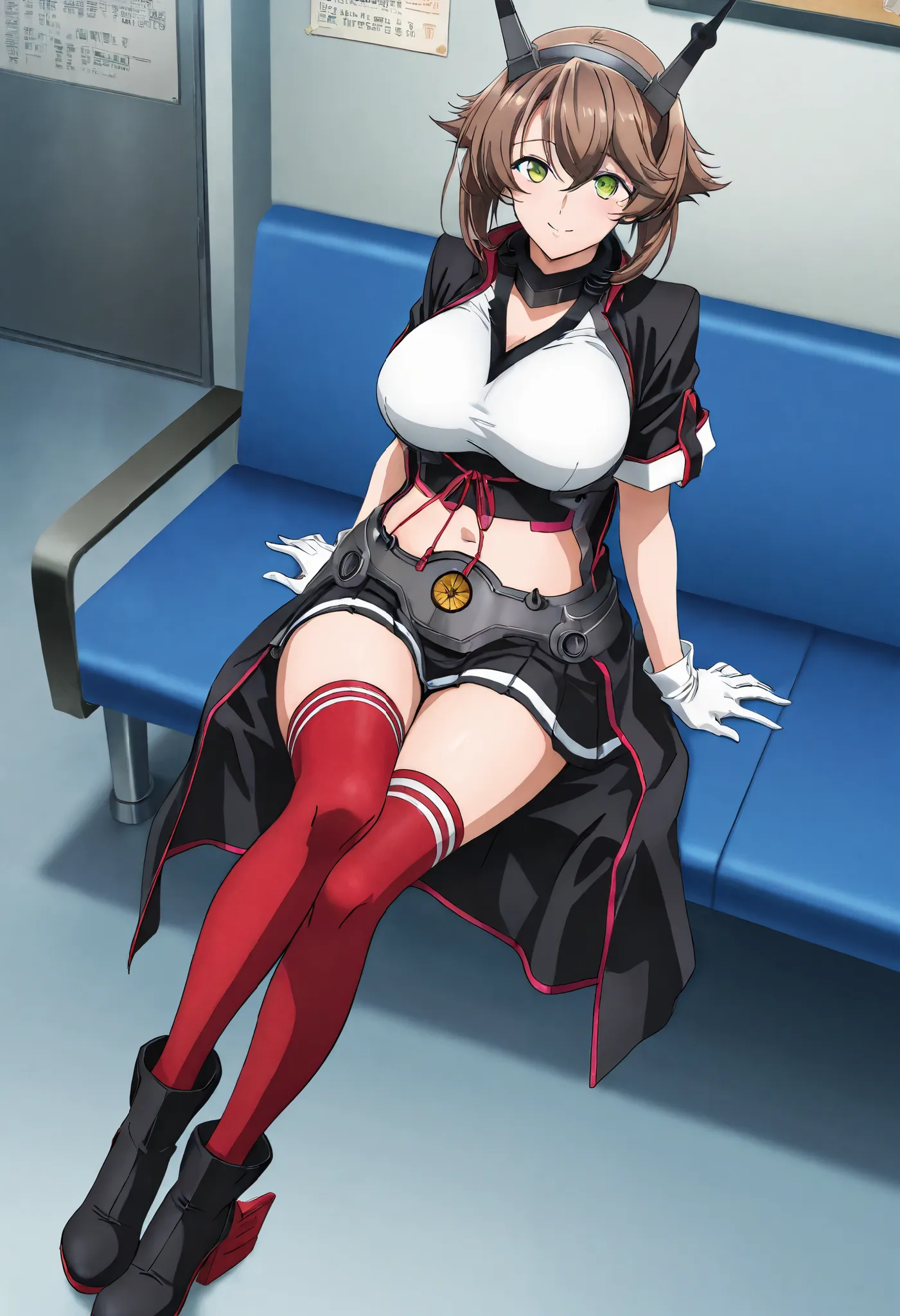  girls on the left,    brown hair, green eye,  headgear ,  short hair, Mutsukai 2-kc , crop top, white top, black coat, open court, short sleeve, white gloves,  Mutsu 2 Skirt , black skirt, pleated skirt, miniskirt, belly button, Red thighs,  ankle boots, ...