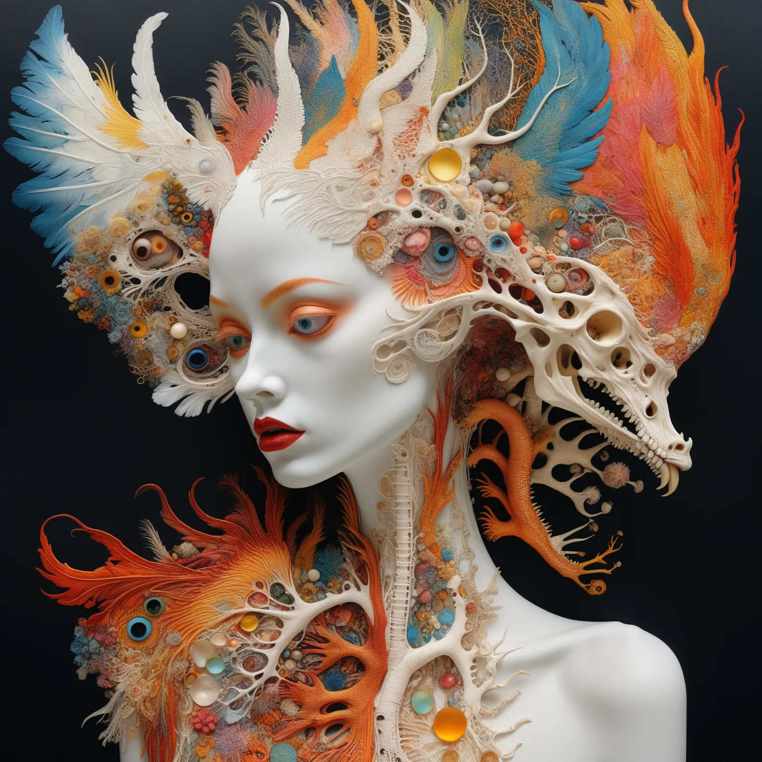 photo of Hyperrealistic art Wonderful, intricate, (colorful), (a superb Art Brut Decollage art, Lycanthropic Phoenix), ethereal neural network organism, divine cyborg dragon:2 girl:0.3, ginger:0.5 biomorph, glass skeleton, skinless:3, anatomical face, biom...