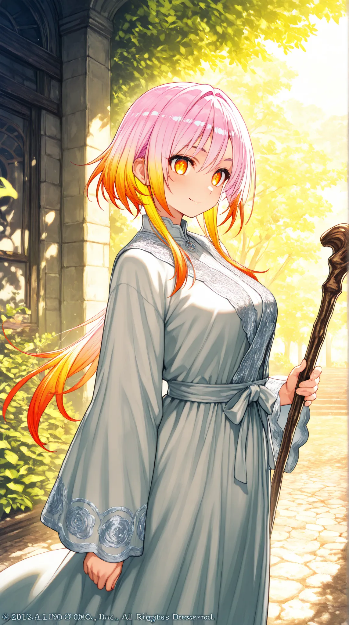 Isekai Tensei anime worldview　　wizard　 colorful hair color　robe　Long walking stick　　23 year old cute woman