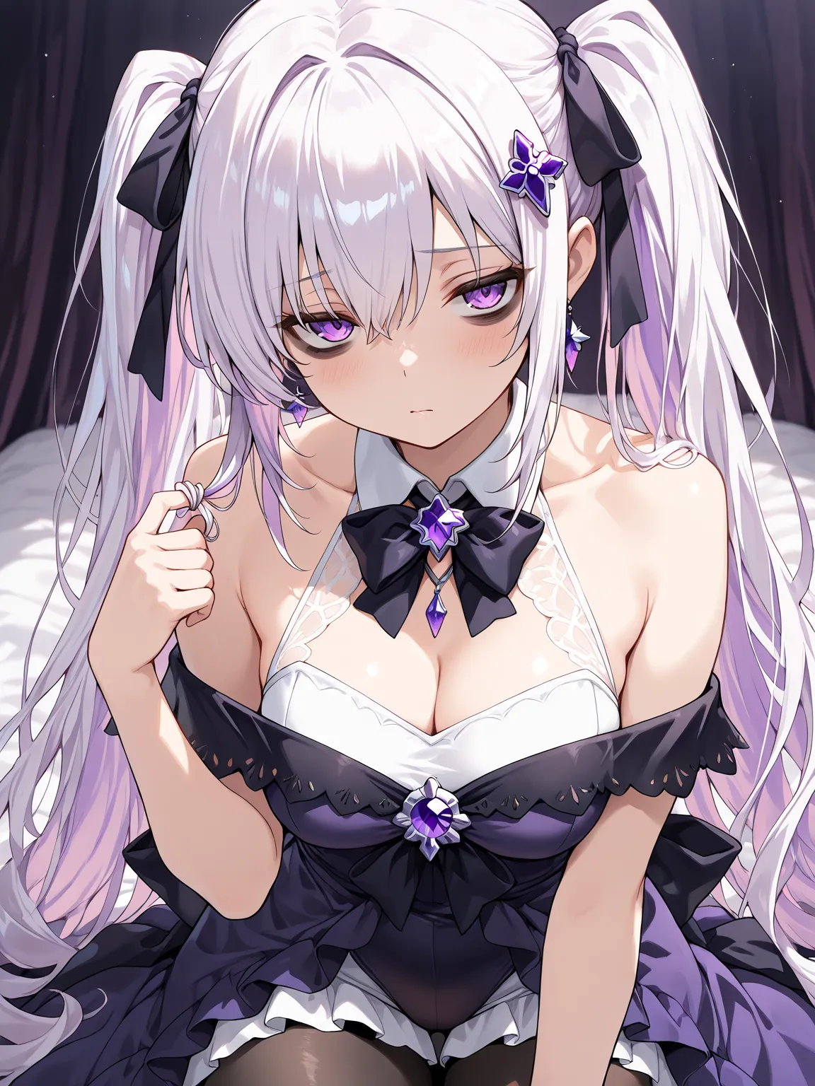 1girl, white hair, very long hair, twintails, purple eyes, bags under eyes, hair ribbon, black off-shoulder dress, layered dress, white halter leotard, leotard under clothes, sleeveless, wing collar halter, bowtie, black pantyhose, breasts bow amethyst orn...