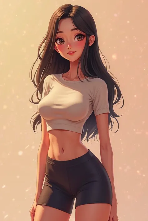 Can you make me a beautiful tall long hair asian girl has a perfect body and wearing a sexy short tshirts and wearing cycling shorts and wearing spandex shorts front view make it animated 