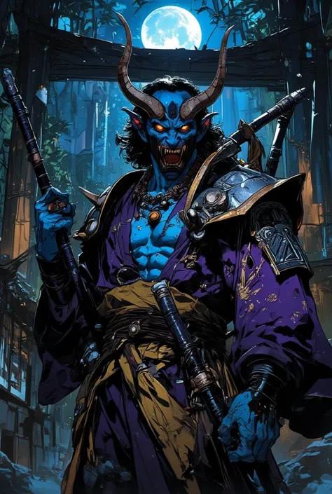 A powerful blue-skinned oni warrior with glowing orange eyes and sharp fangs, standing in front of a traditional Japanese torii gate. He wears a tattered dark purple and gold kimono with intricate silver embroidery, revealing his muscular torso covered in ...