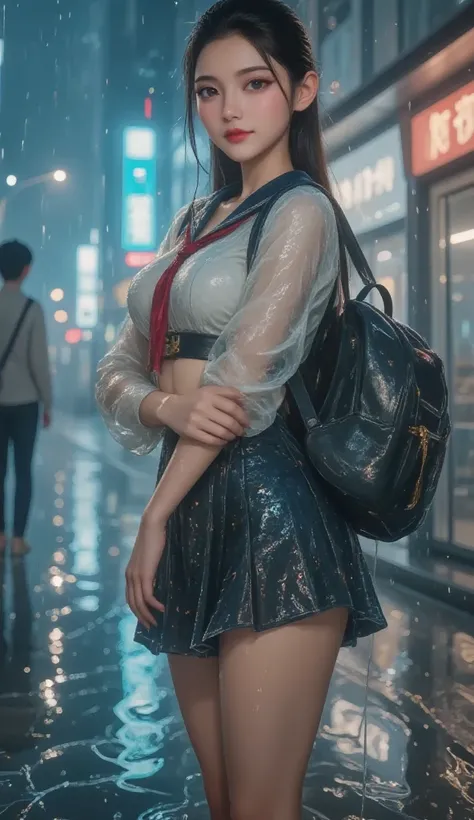 NSFW, TOP QUALITY , HD, 16k,   unbelievably ridiculous ,  very well detailed, 2.5D,   Delicate and Dynamic ,  beautiful woman,   attractive smile ,   busty high school girl , uniform、 sailor suit、、 ,  backpack,  ,  glitter effect, ((It's raining:1.3))、((My...