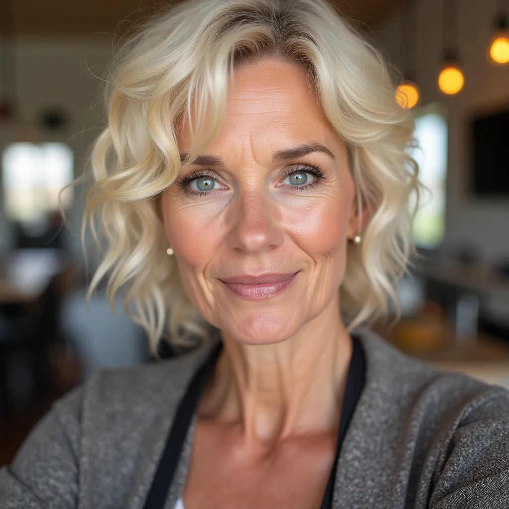 Une photo de Karen organisant un concours de cuisine de quartier au centre communautaire local. Elle supervise la compétition avec une expression sévère mais encourageante.,original,Coupe de cheveux blonde décolorée de Karen. Femme blanche d'âge moyen avec...