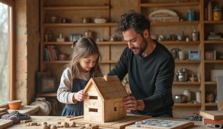 A man is building a wooden house. Next to me stands his little daughter and next to him stands a girl dressed in a beautiful modern black dress with a bag full of notes in her hand. Wooden hammer seals